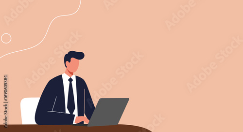 Professional businessman in a suit focused on his laptop, working diligently at a desk. Ideal for concepts like remote work, online learning, or corporate productivity.