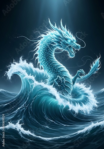 Serene aquatic mythical dragon amidst turbulent waves, ocean creature