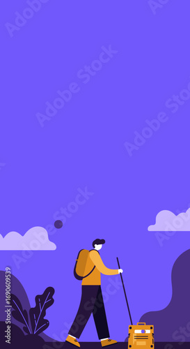 Solo traveler with a backpack and wheeled suitcase on a journey through a vibrant, minimalist landscape. Represents adventure, relocation, and exploration concepts.