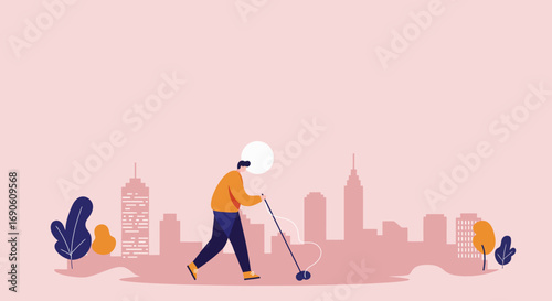 Man walks through a modern city skyline with a toy, embracing simple pleasures and relaxation. Represents leisure, childhood, and mindful living in urban environments.