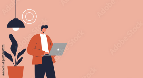 Man working on a laptop in a modern minimalist space with a plant and lamp. Ideal for themes of remote work, online learning, productivity, and modern lifestyle.