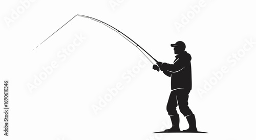 Silhouette of a man fly fishing with a rod.