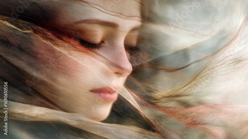 Ethereal Portrait of a Woman's Face Veiled in Flowing Fabric, Dreamlike Serenity