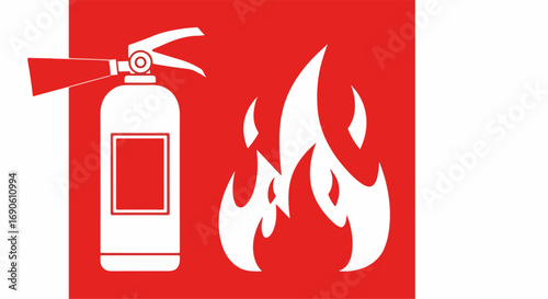 Red Fire Safety Sign with Extinguisher and Flame Icon.