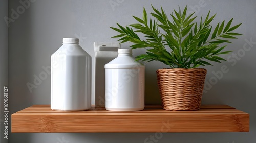 Stylish arrangement of potted plant, ceramic vases, and other decorative elements displayed on a simple wooden shelf in a minimal, nature-inspired interior setting.