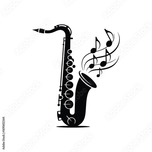 Black silhouette of a saxophone with musical notes