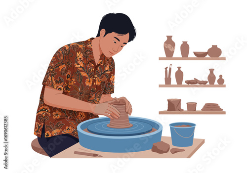 Man Shaping Clay on Pottery Wheel in Workshop with Shelves