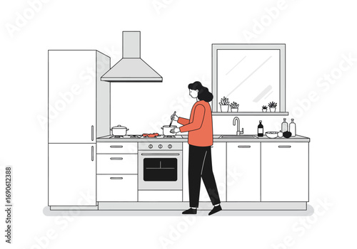 Woman Cooking in a Modern Kitchen with Sleek White Cabinets and Appliances