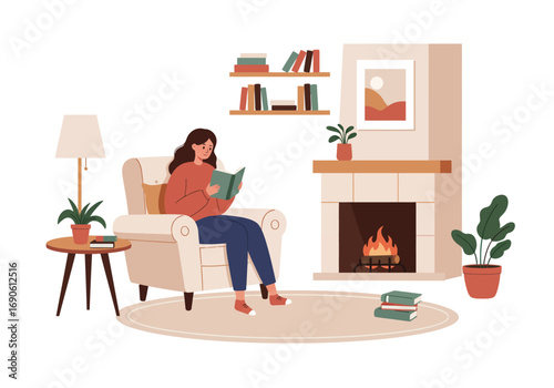 Woman Reading a Book in a Cozy Living Room with Fireplace