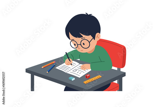 Cartoon Boy Studying at Desk with School Supplies