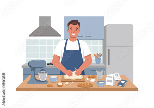 Man Kneading Dough in Kitchen with Baking Ingredients