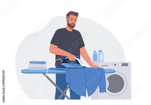 Man ironing a blue shirt on an ironing board at home.