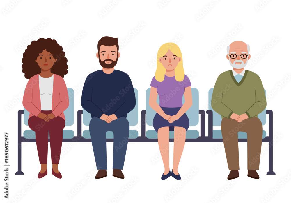 Obraz premium Diverse Group of People Sitting in Waiting Room Chairs with Anxious Expressions
