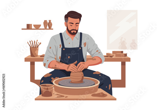 Man Shaping Clay on Pottery Wheel in Workshop