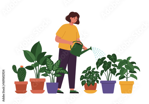 Woman Watering Potted Plants with a Green Watering Can Indoors