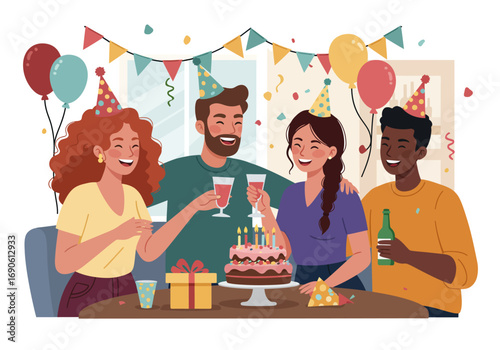 Group of Friends Celebrating Birthday with Cake, Drinks, and Festive Decorations