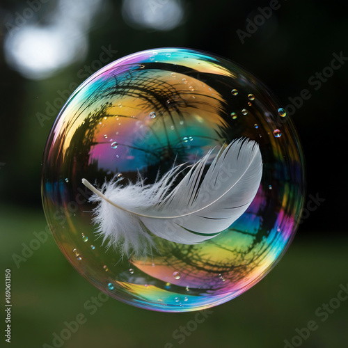 Rainbow soap bubble with feather refracts light, creating a modern, abstract texture. Great for branding, digital backgrounds, and creative poster designs.