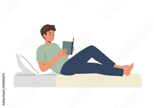 Man Relaxing on Bed Reading a Book