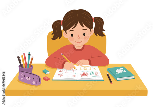 Girl with Pigtails Drawing in a Notebook at Her Desk
