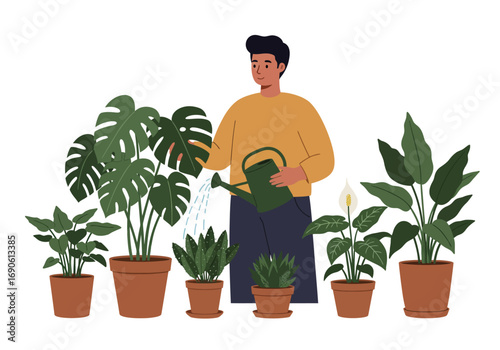 Man Watering Potted Plants: Indoor Gardening and Home Decor