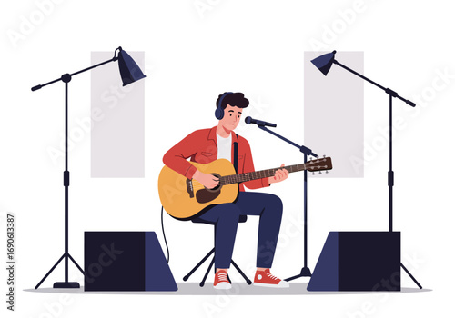 Man Playing Acoustic Guitar in Studio with Microphone and Headphones