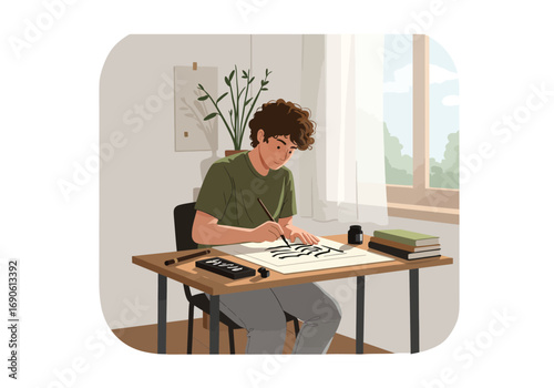 Young Man Practicing Calligraphy at Desk by Window