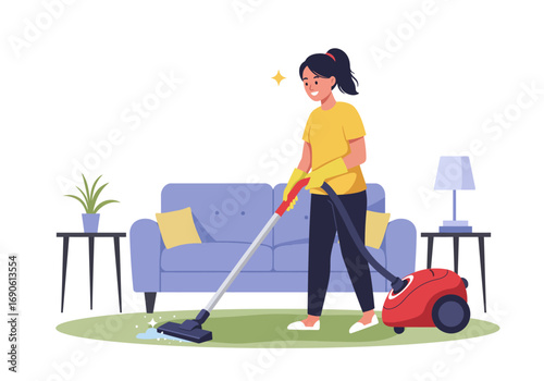 Woman Vacuuming Carpet with Red Vacuum Cleaner in Living Room