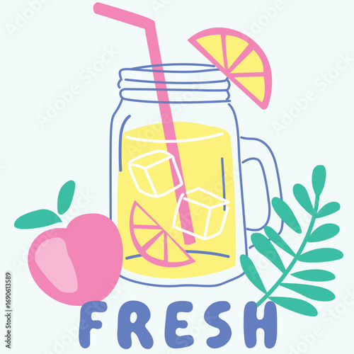 fresh juice graphic with an apple and lemon background light blue 