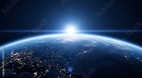 Sunrise over earths glowing atmosphere in cosmic expanse with distant stars and nebula