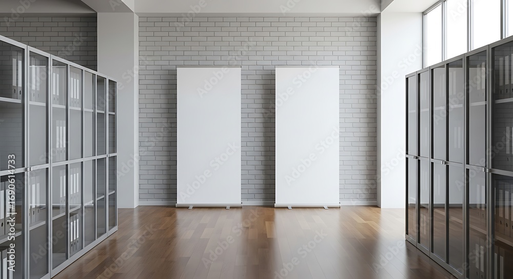 Fototapeta premium Empty Modern Office Space with Blank Banners.