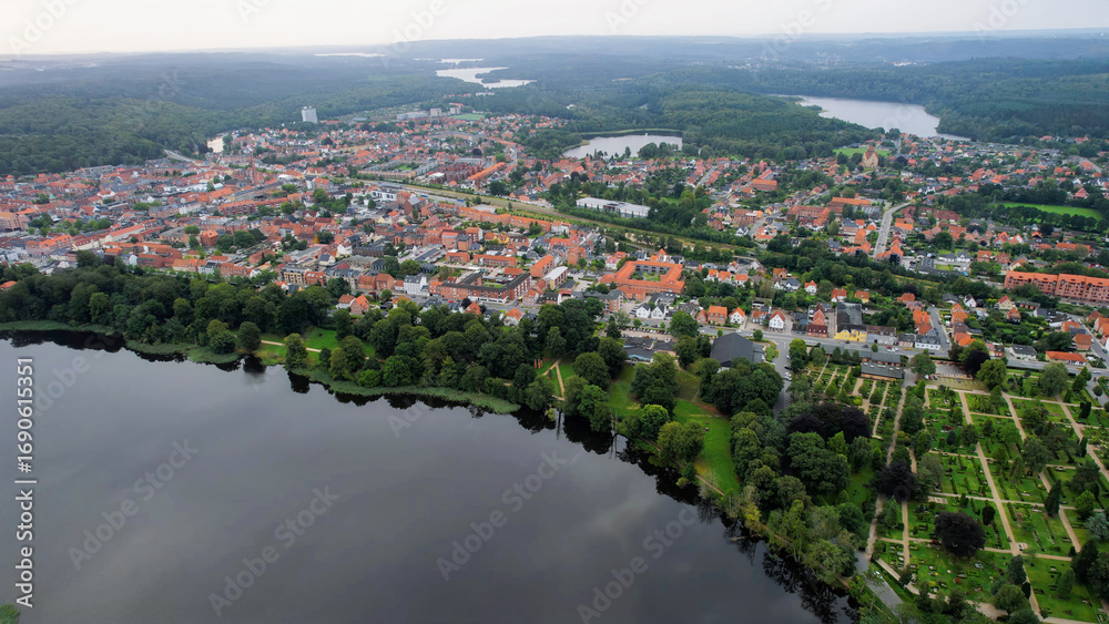 Fototapeta premium Aerial panorama of the downtown of the city Silkeborg in Denmark on a sunny summer day.