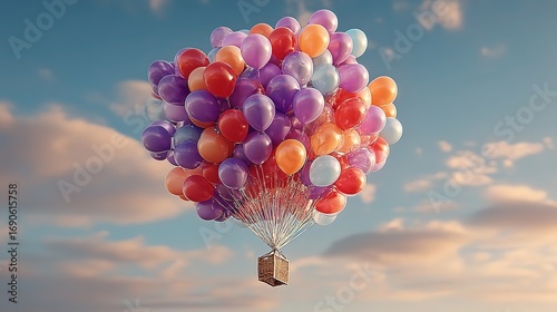 Close-up of Purple and Red Helium Balloons Floating Against Blue Sky, Party Wedding Celebration Background
