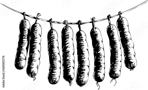Delicious homemade sausages hanging in a rustic kitchen food photography warm environment culinary art
