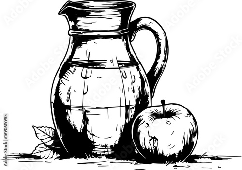 Refreshing apple and water pitcher still life kitchen table black and white minimalist design close-up perspective