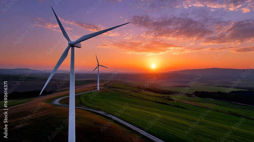 Obraz premium Majestic wind turbines towering over a picturesque countryside landscape, silhouetted against a vibrant sunset sky