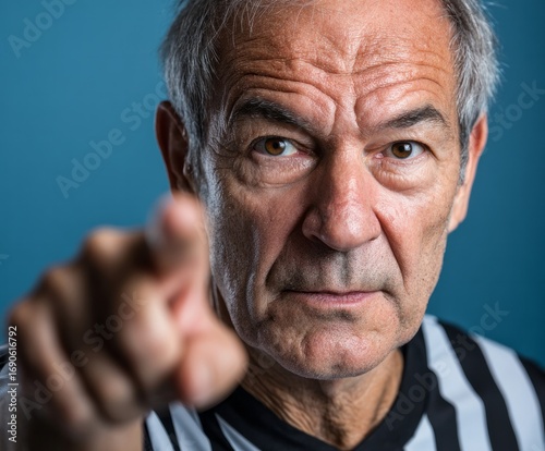 A mature man with a serious expression directly points a finger, projecting an accusatory and intense mood.