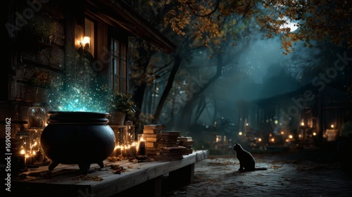 Halloween witch brewing potion, glowing cauldron, spell books, black cat, flying broomstick, haunted forest background, magical witch fantasy art, spooky halloween witch scene, glowing potion 