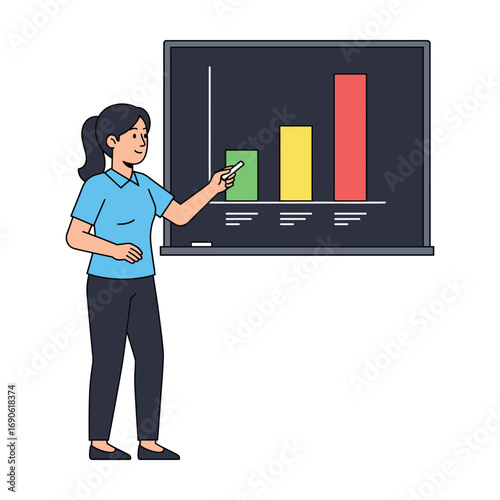 Woman presenting upward trending bar graph on chalkboard; modern, positive business illustration.