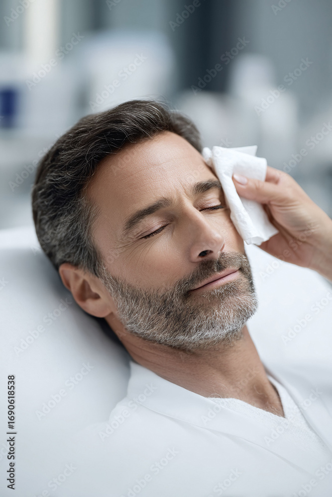 Obraz premium Relaxing man receiving a facial treatment. Focus on wellness, skin care, pampering, and rejuvenation. Perfect for beauty, spa, health and lifestyle content.