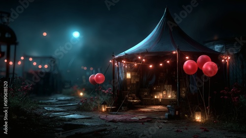 Halloween scary clown, haunted circus tent, glowing red eyes, spooky carnival night, scary clown horror artwork, haunted circus halloween scene, spooky clown glowing tent illustration, halloween 