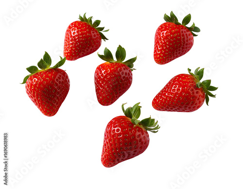 Seven bright red strawberries, whole, with green leaves, arranged in a loose cluster against a black background
