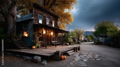 Halloween ghost town, abandoned wooden houses, spooky lanterns, dusty haunted street, eerie wild west vibe, halloween haunted western scene, scary halloween deserted town art, spooky haunted 