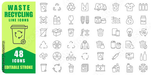 Waste Recycling Line Icon Set With 48 Editable Stroke Designs. Thin Line Collection Includes Trash, Recycling Bins, Glass, Plastic, Metal, Paper, Batteries. Vector Illustration. Isolated On white back