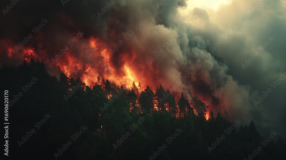 Fototapeta premium A dense forest consumed by massive flames thick