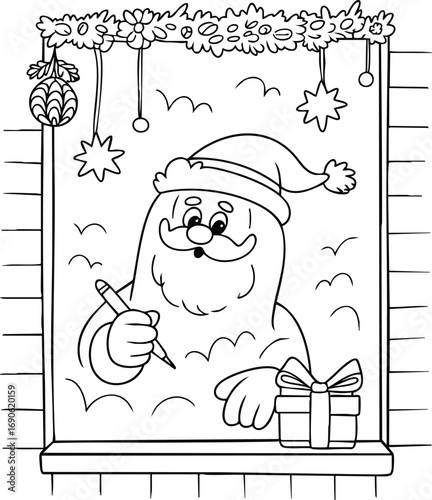 Christmas Santa Coloring Page with Shop Window and Gift