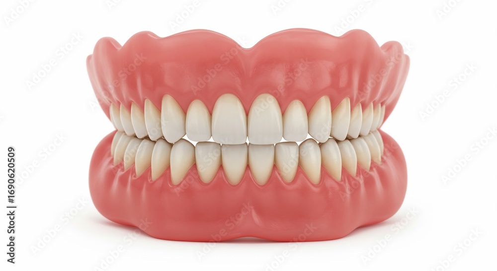Obraz premium A set of dentures with white teeth and pink gums displayed on a plain white background in studio shot