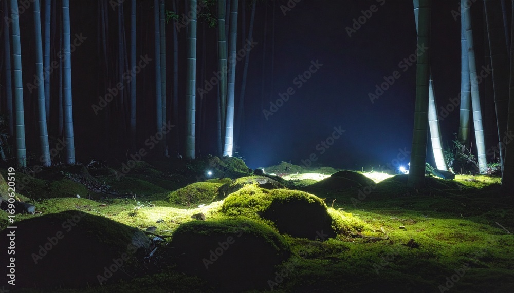 Naklejka premium An enchanted woodland scene with mysterious spotlights shining through the trees onto lush green moss in a dark, magical forest at night