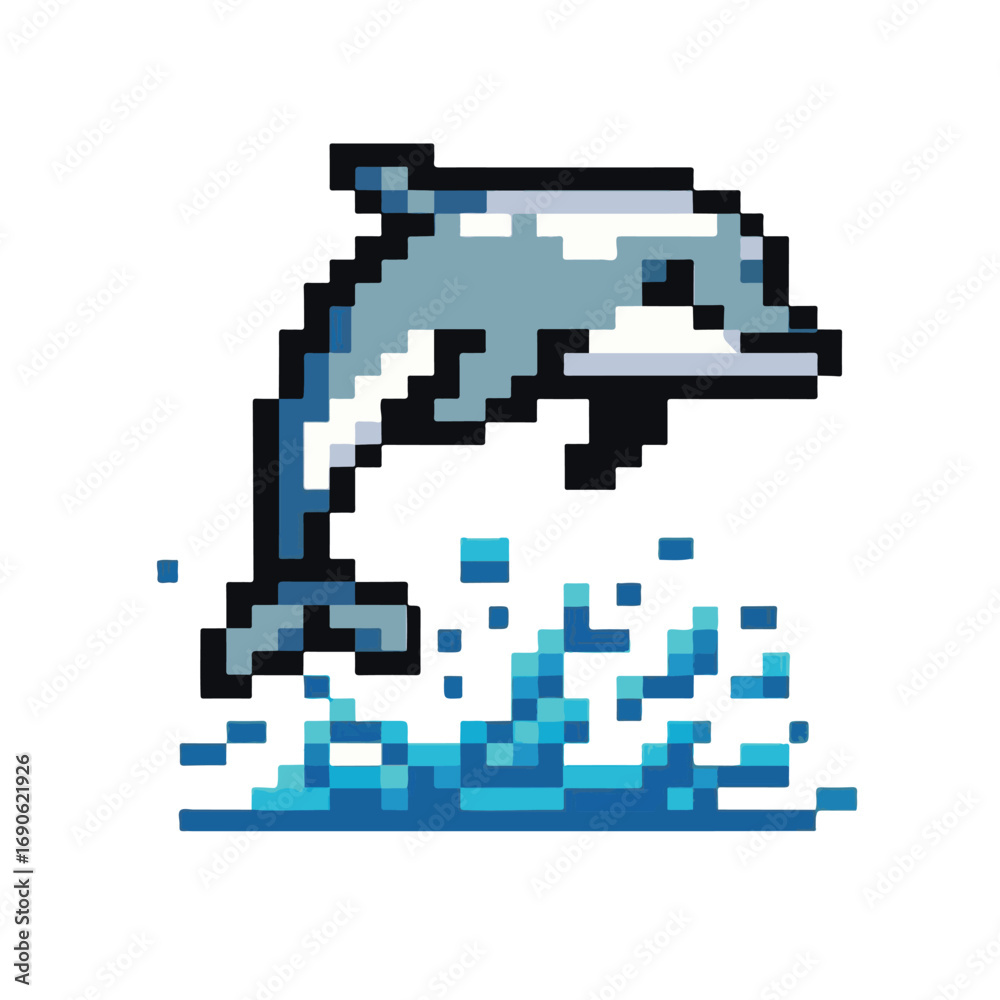 Fototapeta premium Pixel Art Dolphin Leaping from Water A Retro-Style Marine Illustration