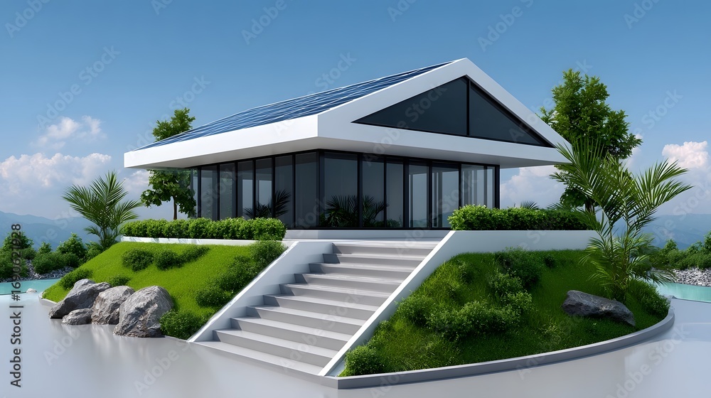 Fototapeta premium A sleek, contemporary residential building nestled in a beautifully landscaped setting with a tranquil pool, steps, and abundant greenery.
