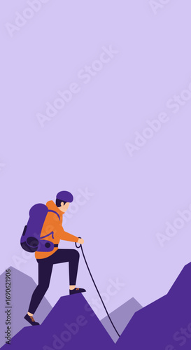 A determined hiker ascends a mountain with a backpack and pole, symbolizing challenge, adventure, and personal growth in the outdoors.